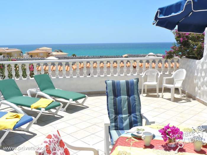 Terrace with sun loungers and sea view, Costa Calma, Fuerteventura