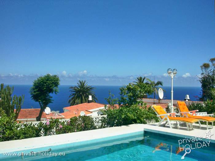 Zwembadterras met zeezicht, palmen en ligstoelen, La Victoria, Tenerife