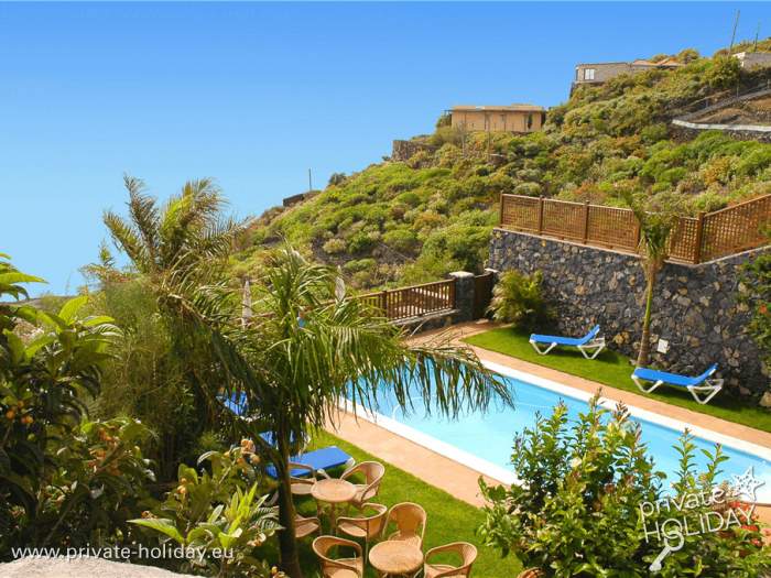 Pool mit Liegen und Palmen am Hang, Mazo, La Palma