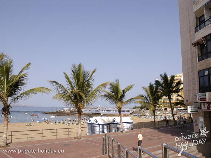 Promenada z palmami, plaża i zatoka w Las Palmas, Gran Canaria