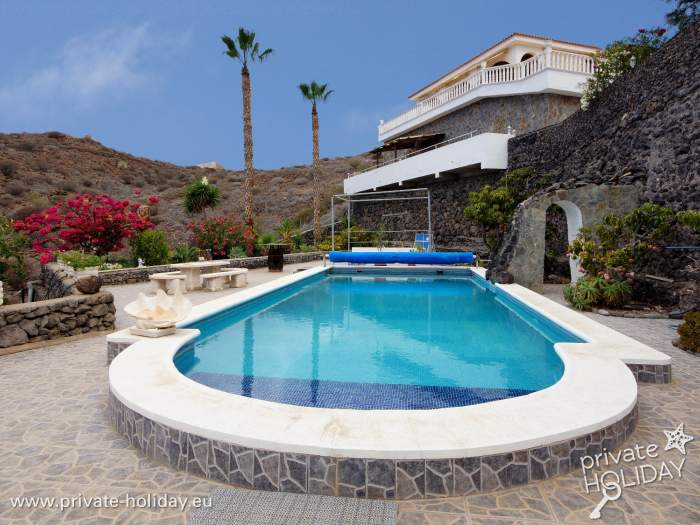 Privater Pool mit Steinterrasse und Palmen in Alcalá, Teneriffa